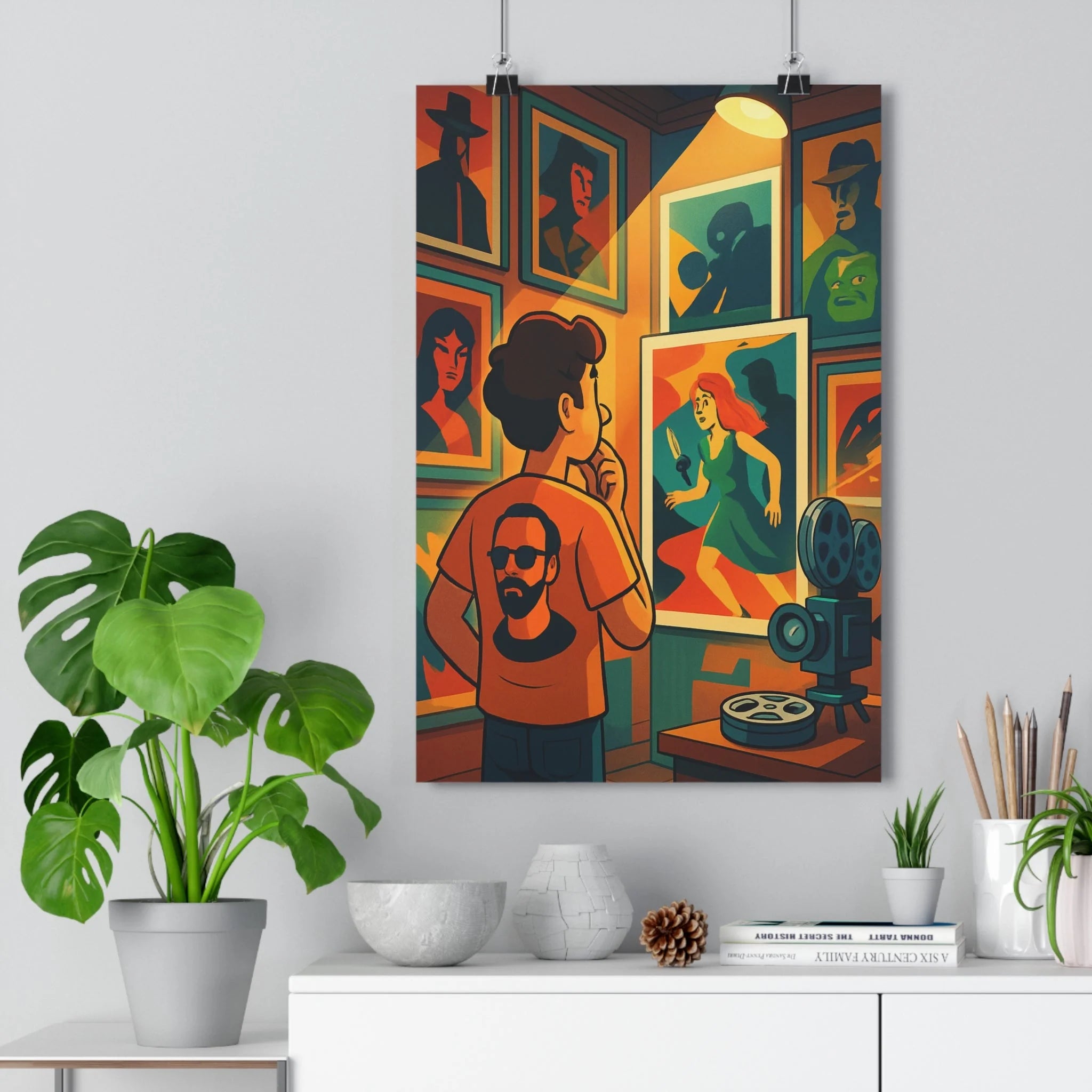 Poster décoratif cinéphile cartoon nostalgique bleu orange vert salon chambre cinéma dramatique qualité artisanale