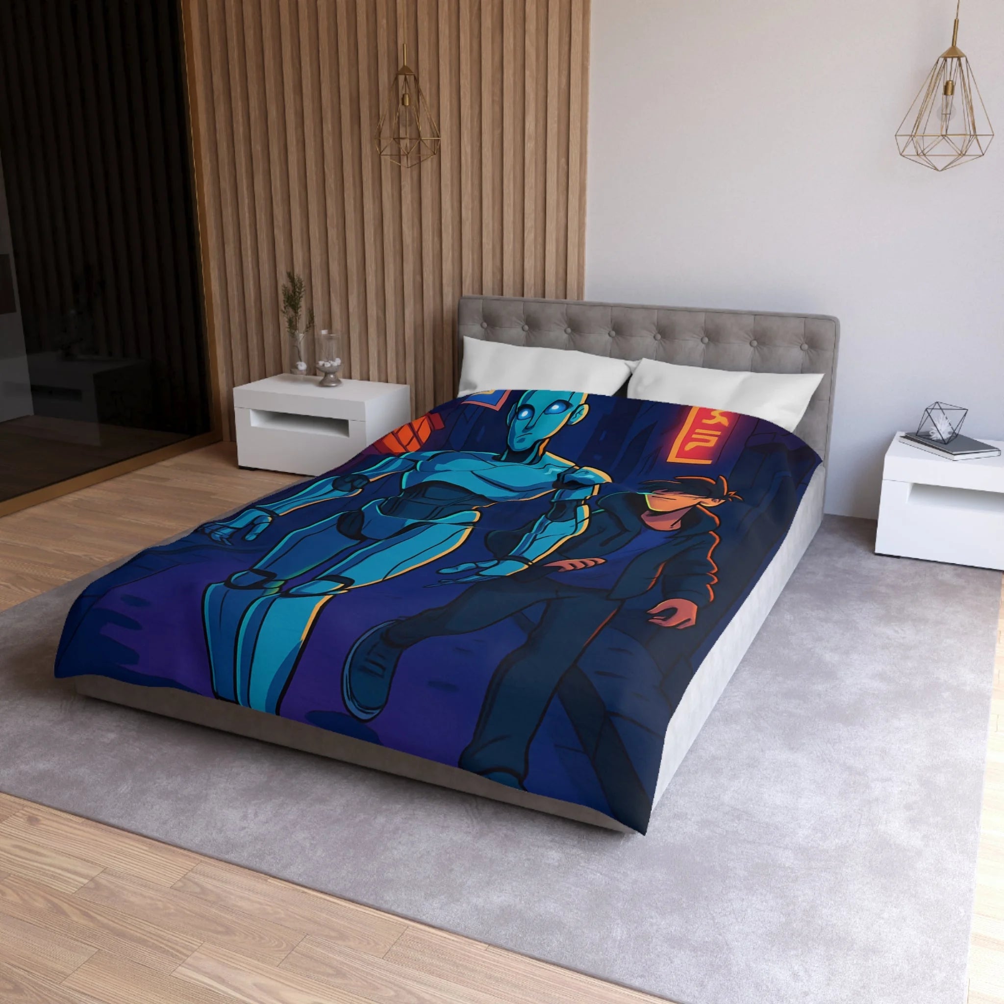 Housse de couette moderne avec illustration néon de robot et jeune avec lunettes lumineuses