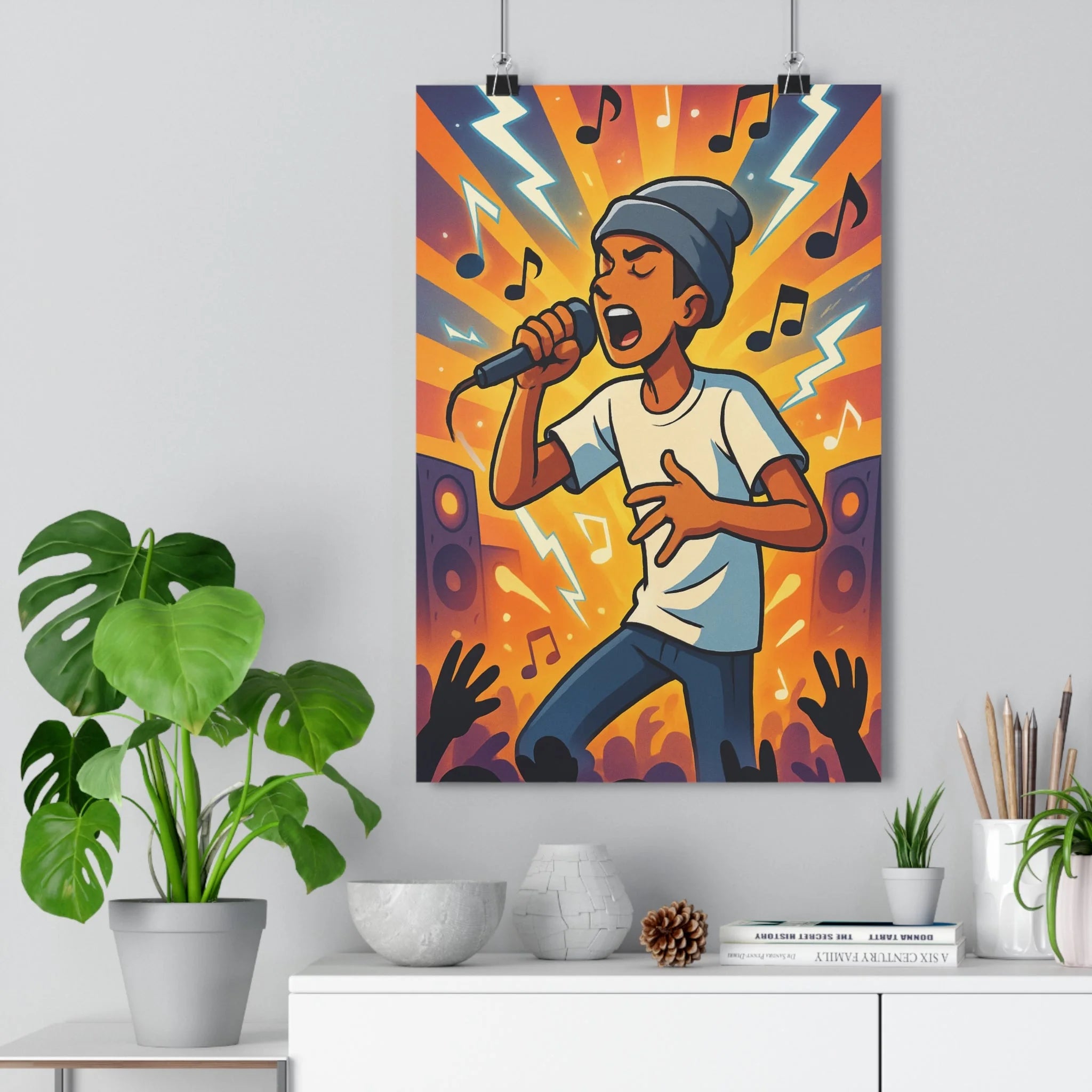 Poster décoratif rappeur musique cartoon lumineux jaune orange bleu dynamique chambre salon 30x46 cm