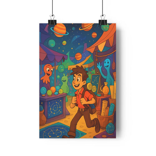 Poster enfant sacoche marche coloré alien fantôme octopus lanternes planètes nuit joyeux cartoon vibrant
