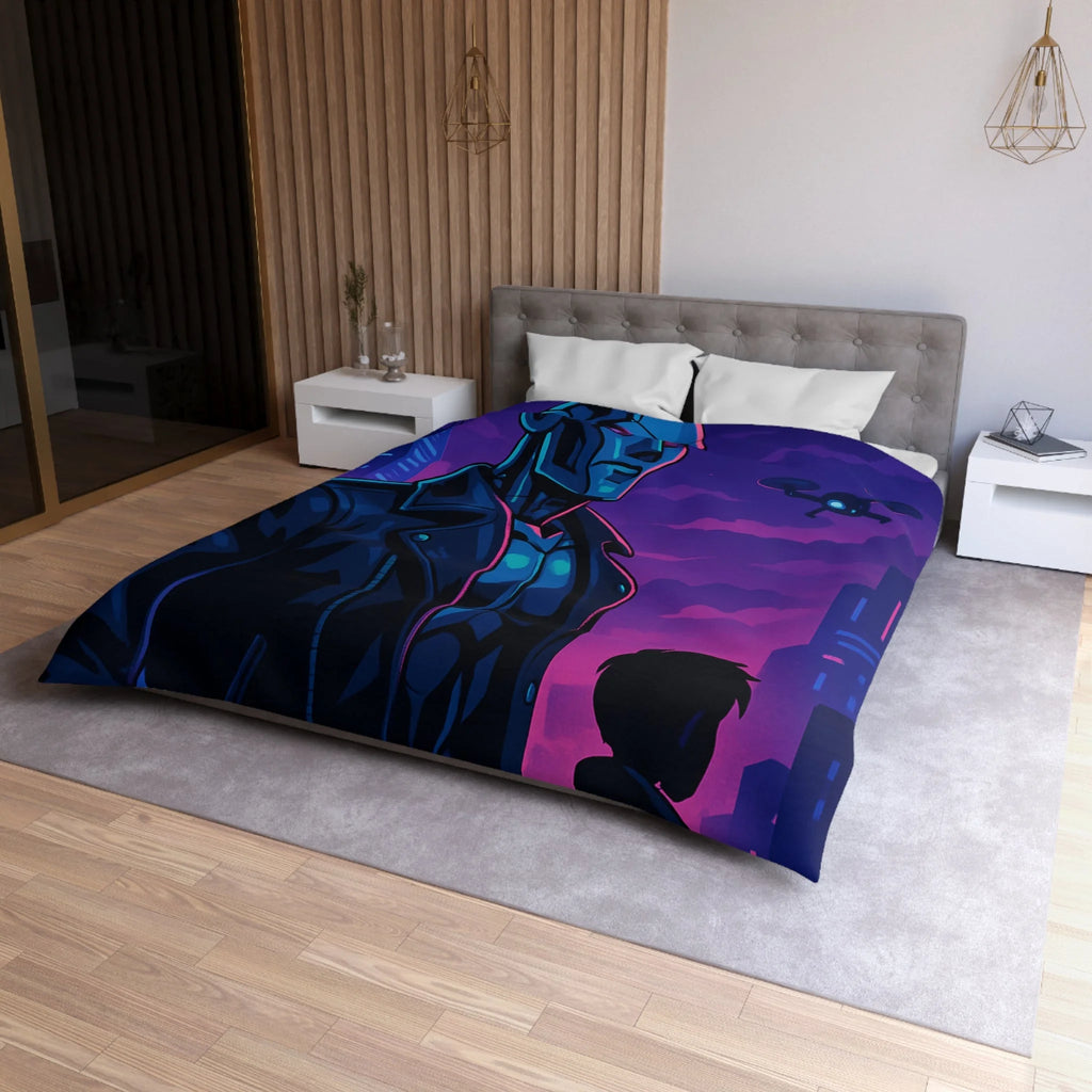 Housse de couette style néon avec robot futuriste et drones en ville de nuit