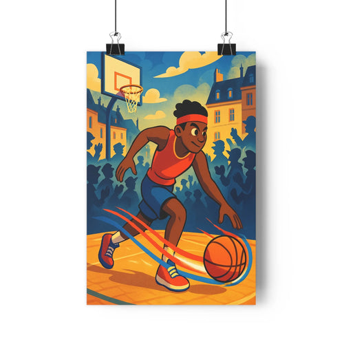 Poster sportif joueur dribble balle panier ciel nuages village buildings rouge bleu orange moderne vibrant dynamique chambre salon