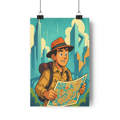 Poster explorateur moderne paysage urbain gratte-ciels bleu vert beige joyeux aventure voyage sac dos chapeau chemise graphisme net simple dynamique