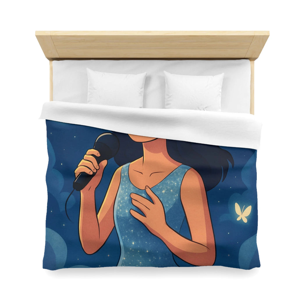 Housse de couette rêveuse avec chanteuse, papillons, lune et ciel étoilé bleu