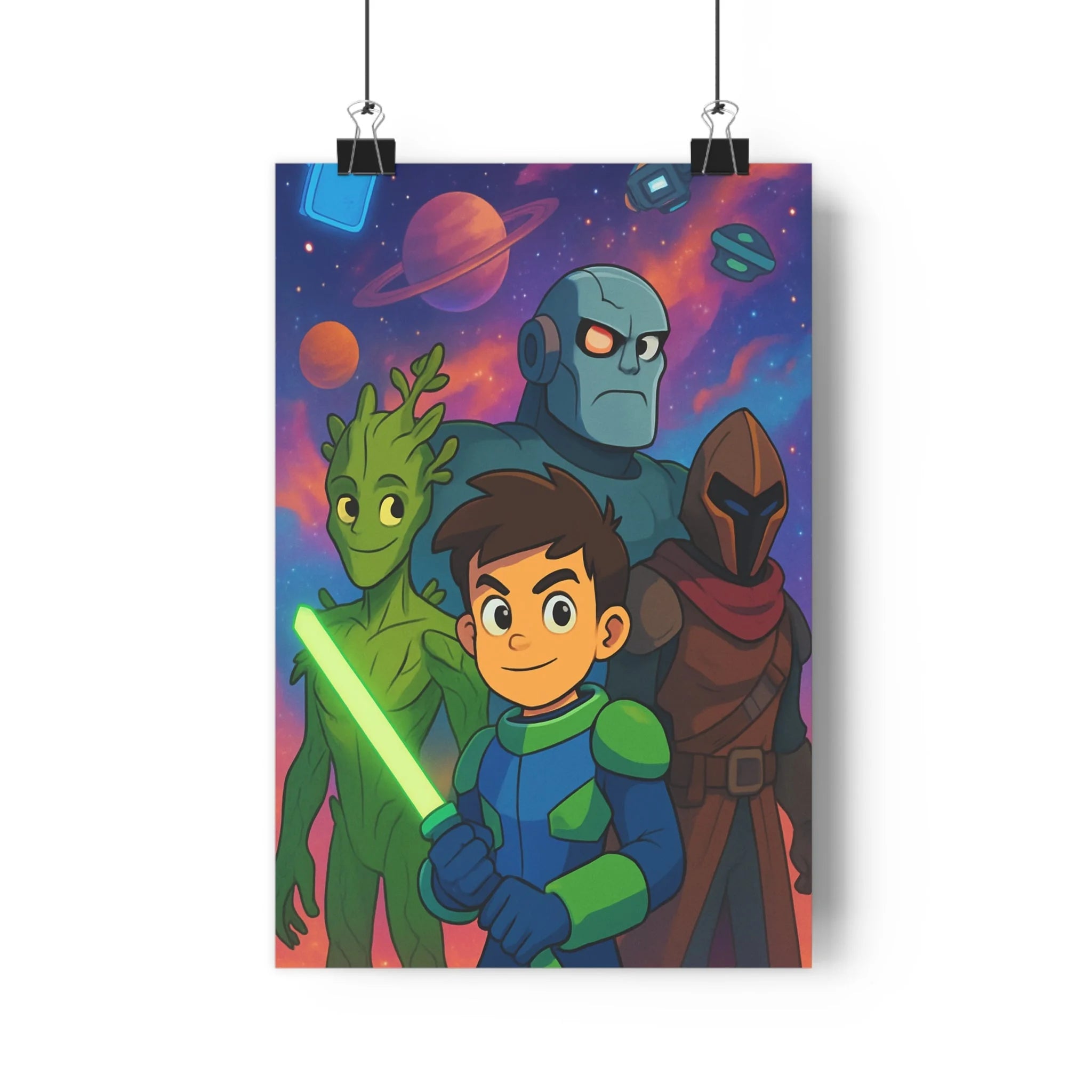 Poster décoratif vibrant héros épée verte créature robot mystique chambre aventure illustration étoilé moderne