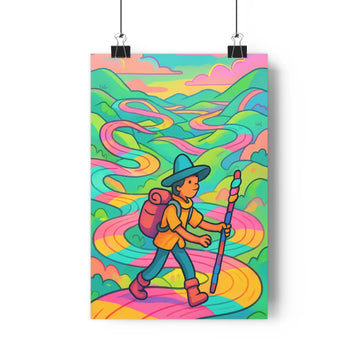 Poster randonneur aventurier veste orange pantalon bleu chapeau marron collines colorées tons verts roses bleus nuages pastel style vibrant coloré