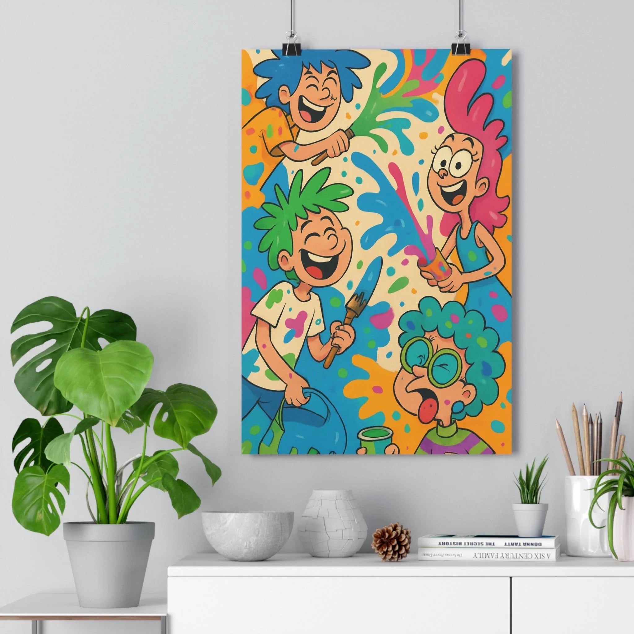 Poster décoratif cartoon dynamique coloré joyeux bleu vert rose jaune enfant chambre 30x46 peinture