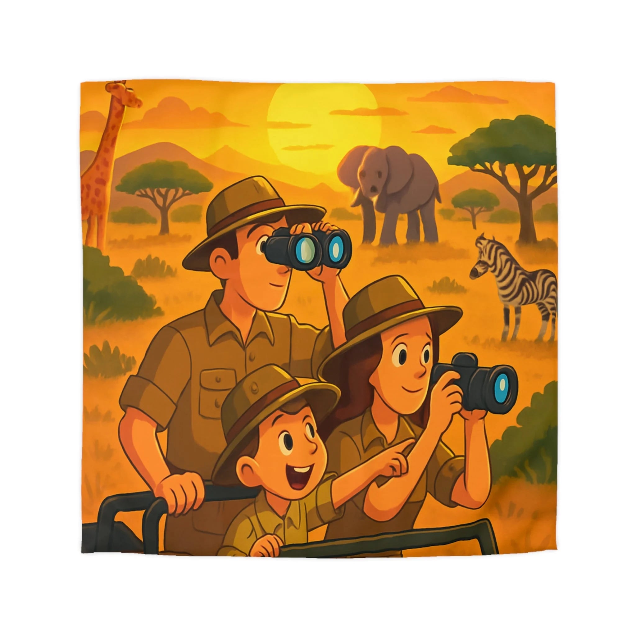 Safari familial au coucher du soleil avec jumelles, appareils photo, éléphant et girafe