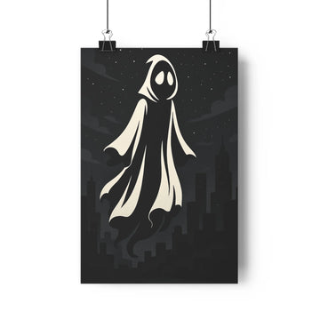 Poster fantôme nuit étoiles cape blanche silhouette urbaine noir blanc mystère minimaliste salon chambre