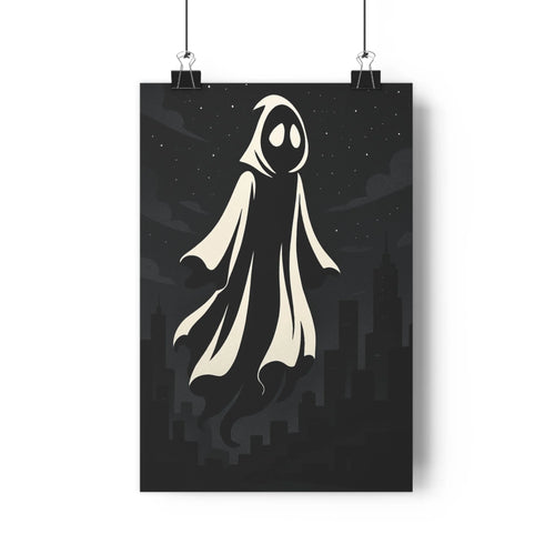 Poster fantôme nuit étoiles cape blanche silhouette urbaine noir blanc mystère minimaliste salon chambre