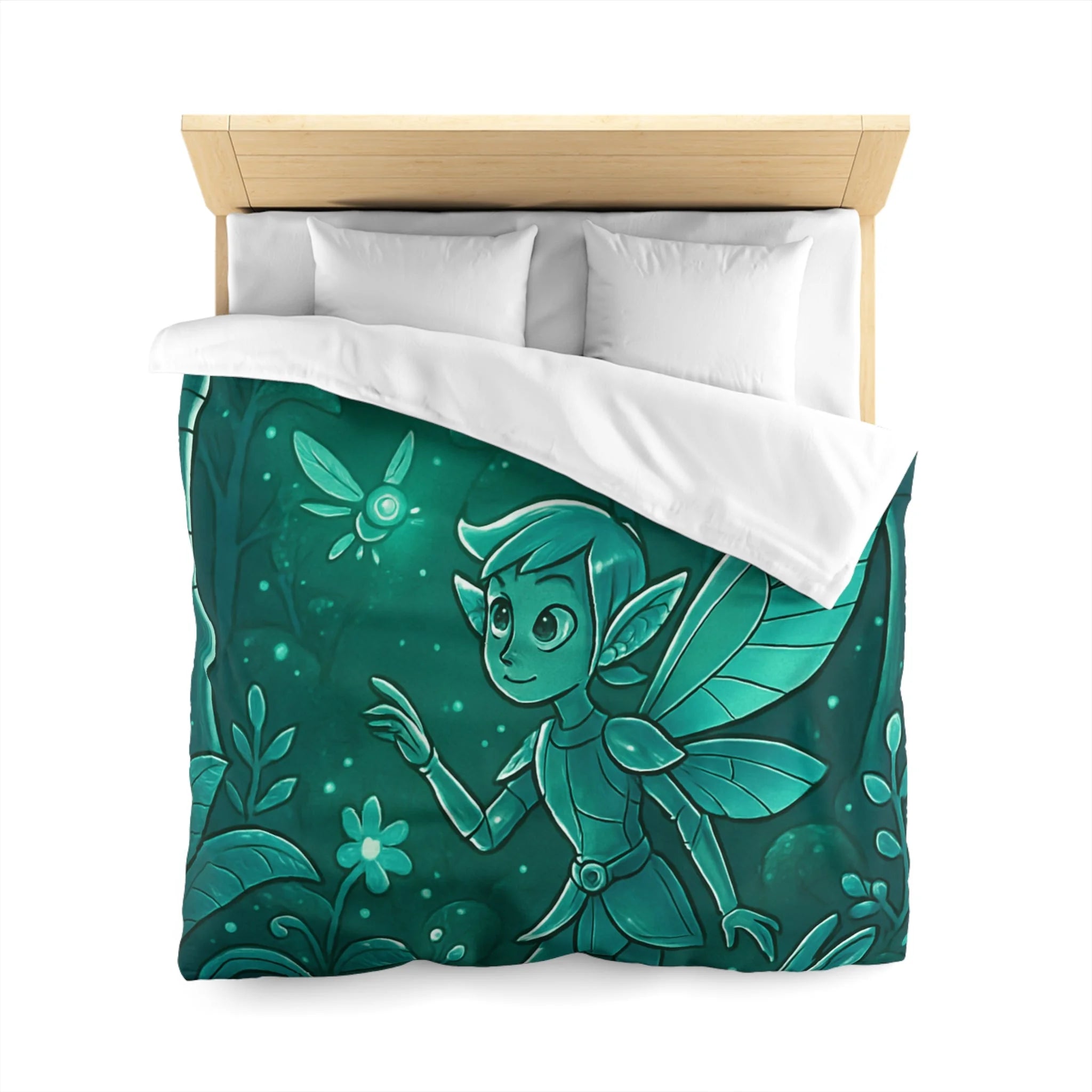Housse de couette verte magique avec fée, papillon et forêt enchantée, ambiance nocturne