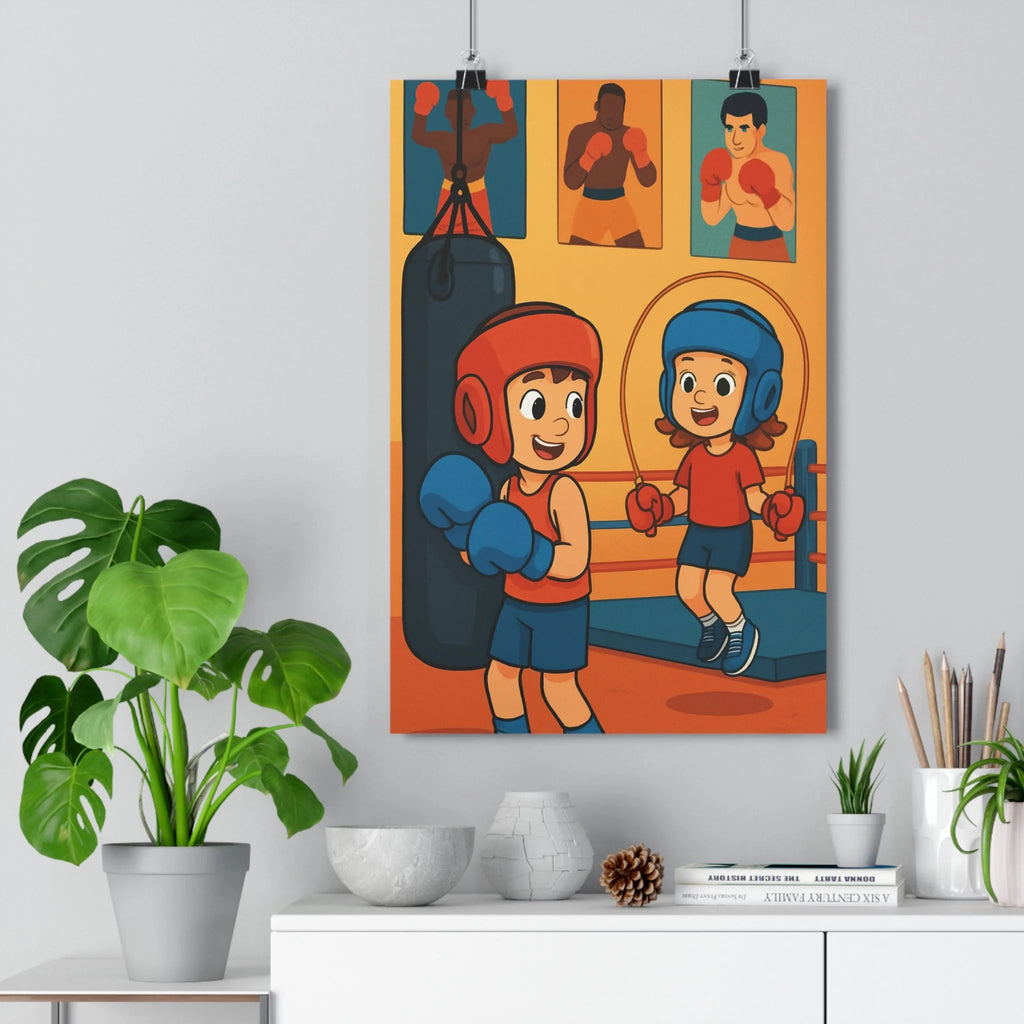 Poster décoratif animé rouge bleu joyeux enfant chambre dynamique boxe gymnase sport vibrant déco