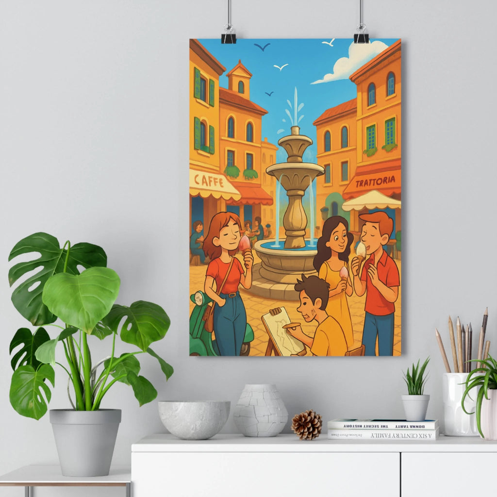 Poster décoratif coloré italien vintage joyeux salon chambre art fontaine architecture chaleureux unique qualité