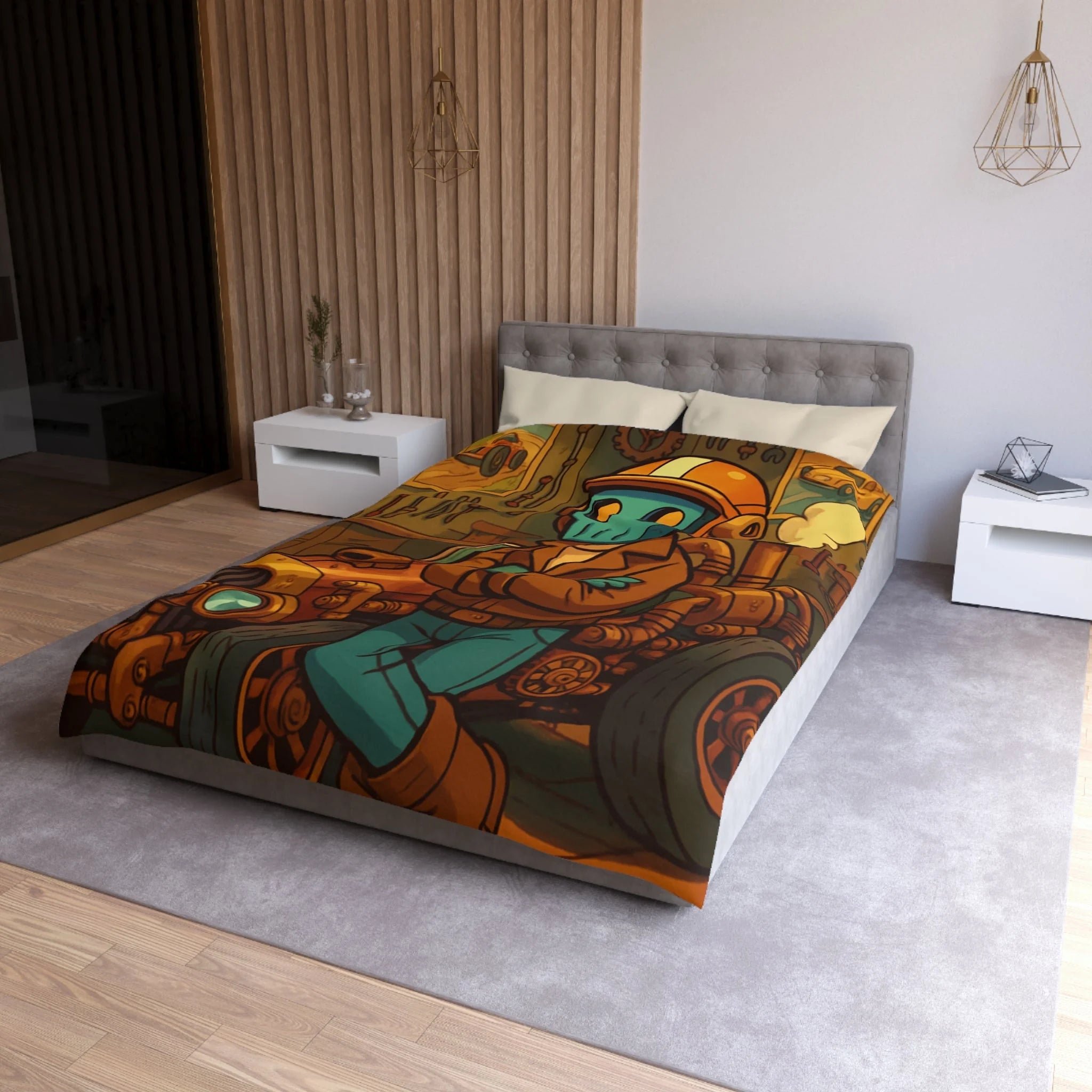 Housse de couette rétro steampunk avec voiture vintage et robot dans un atelier