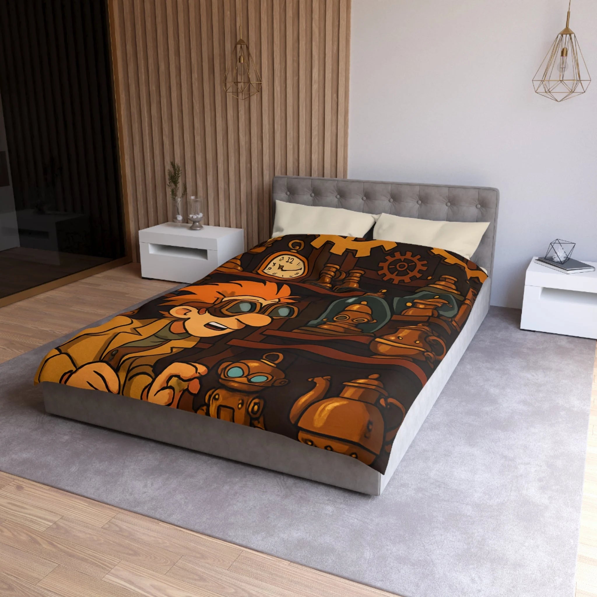 Housse de couette steampunk avec engrenages dorés et inventeur aux lunettes futuristes