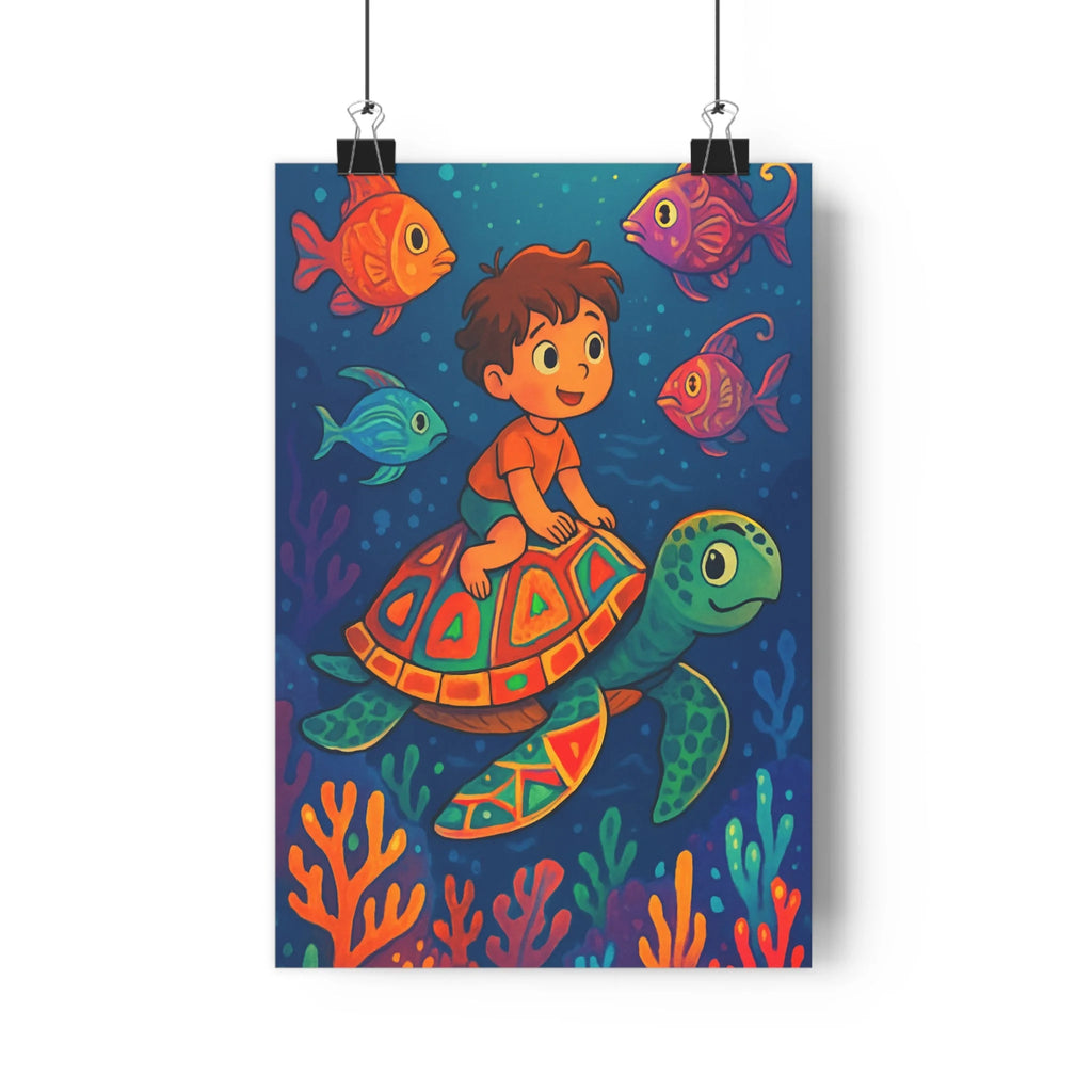 Poster décoratif océan enchanté enfant cartoon bleu orange tortue poissons joyeux magique fantastique 30x46
