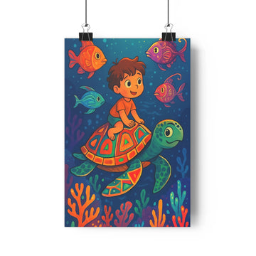 Poster enfant tortue océan poissons coraux bleu orange violets cartoon joyeux aventures sousmarine libertaire