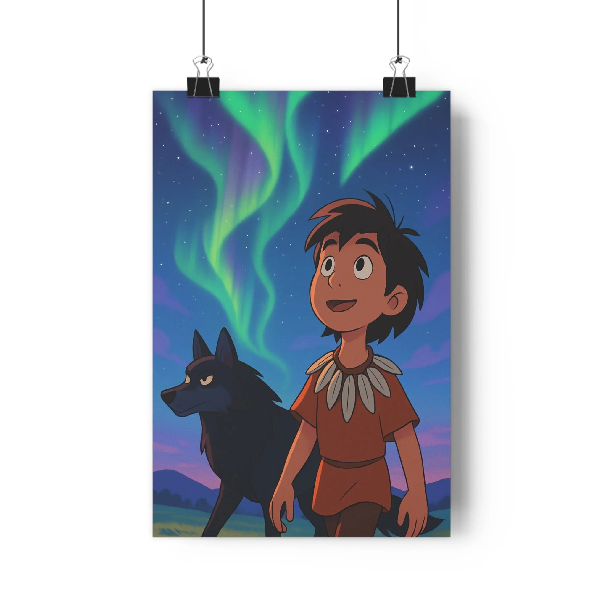 Poster décoratif cartoon vert violet magique enfant chambre féerique serein 30x46 folklore loup étoilé
