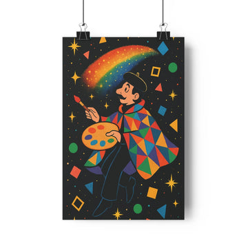 Poster vibrant motif géométrique peintre palette brosse etoiles arcen-ciel énergie positive ambiance festive création chambre salon moderne design