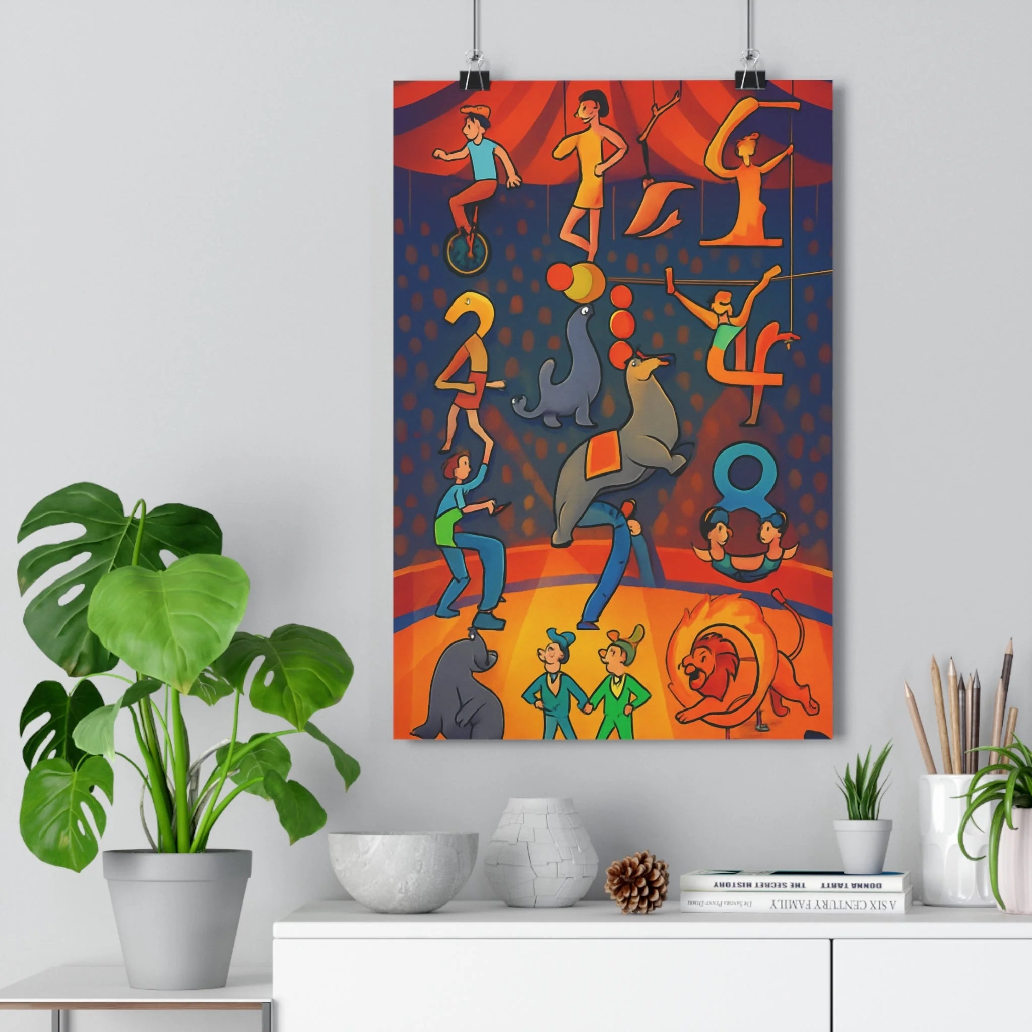 Poster décoratif joyeux coloré rouge bleu jaune enfants chambre cirque numéros animaux créatif ludique