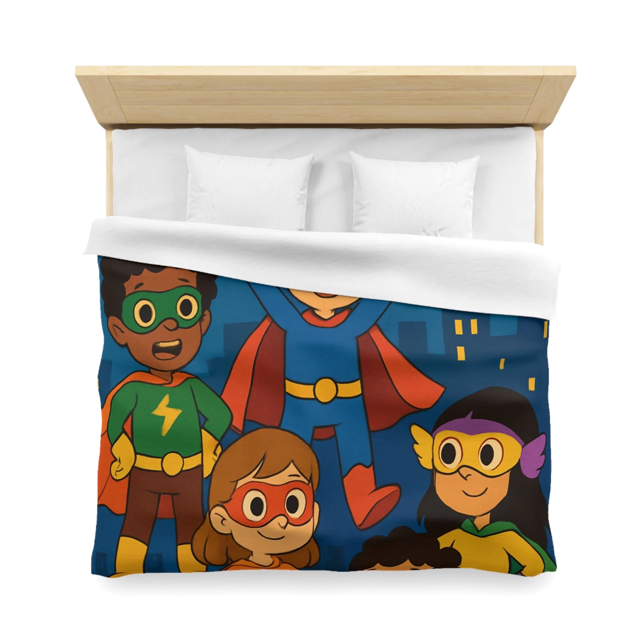 Super-héros Enfants Volant Nuit Ciel Étoilé Ville Amis Confiants Housse de Couette Colorée