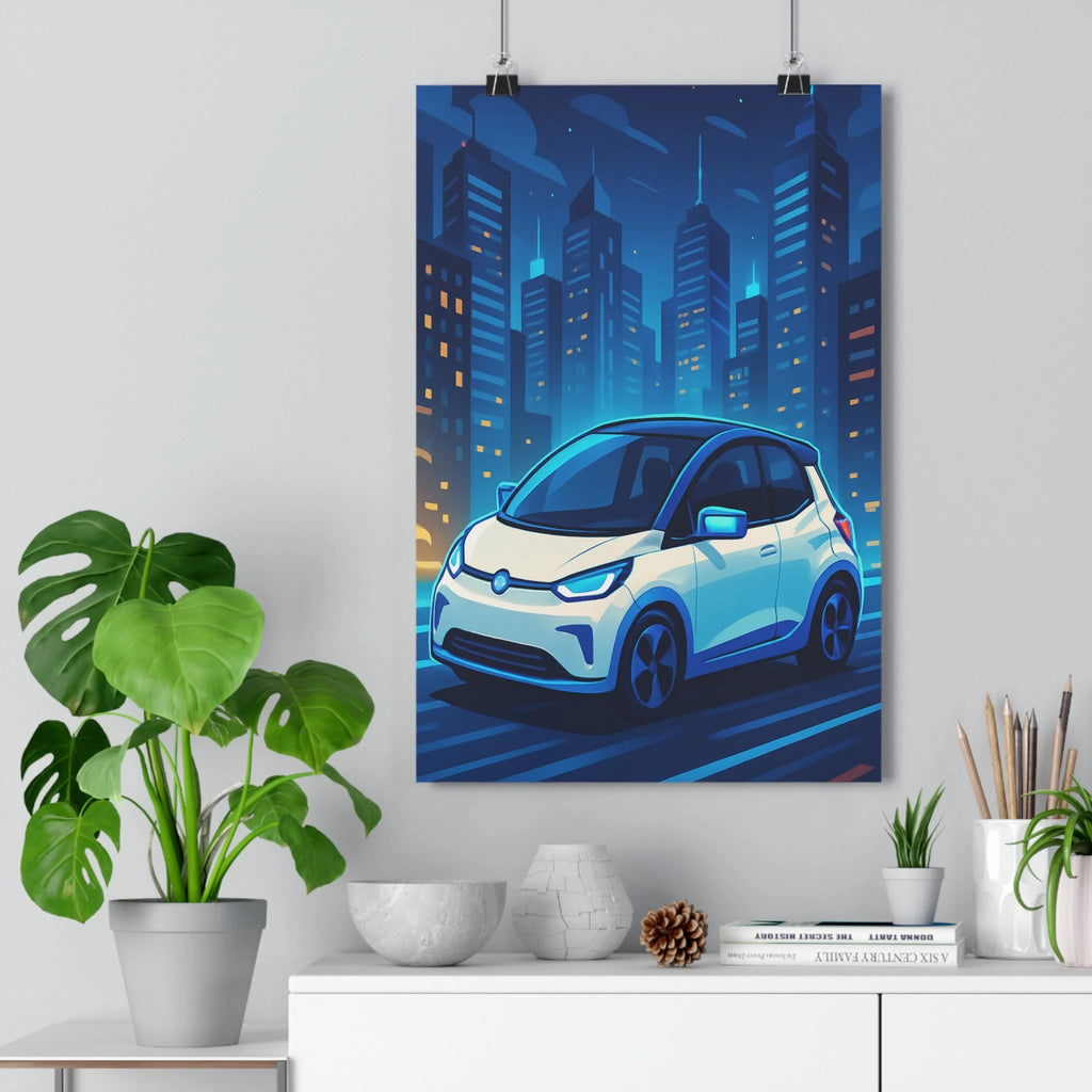 Poster décoratif voiture blanc moderne futuriste illuminée ville salon bureau dynamique bleu orange 30x46