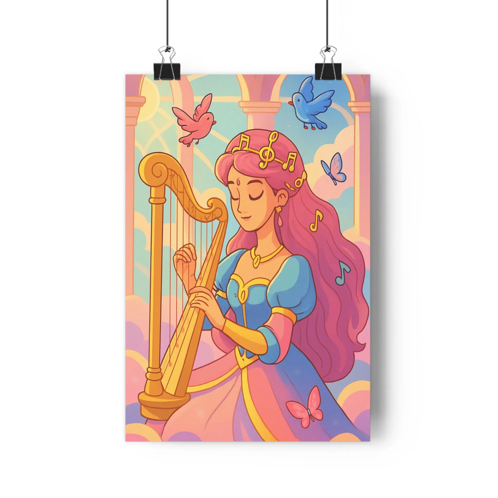 Poster décoratif dessin animé pastel rose bleu jaune féerique chambre rêveur musical harpe 30x46