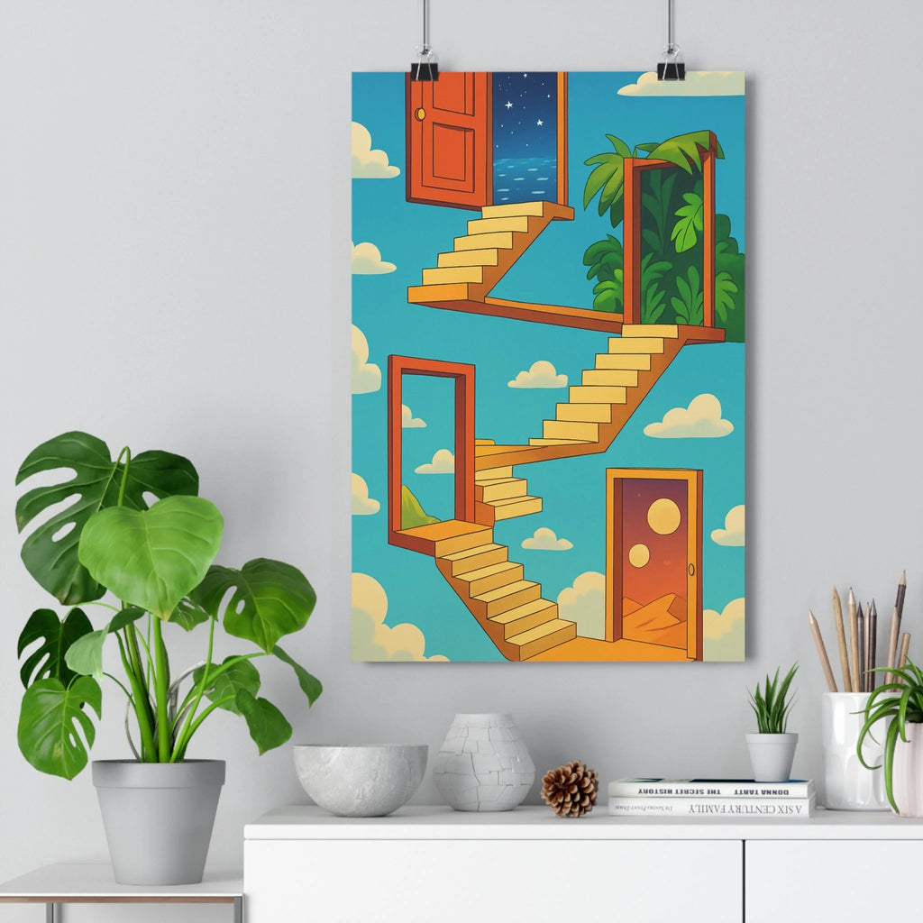 Poster surréaliste marches portes fenêtres ciel nuages étoile circulaire rectangle imagination moderne minimaliste chambre salon