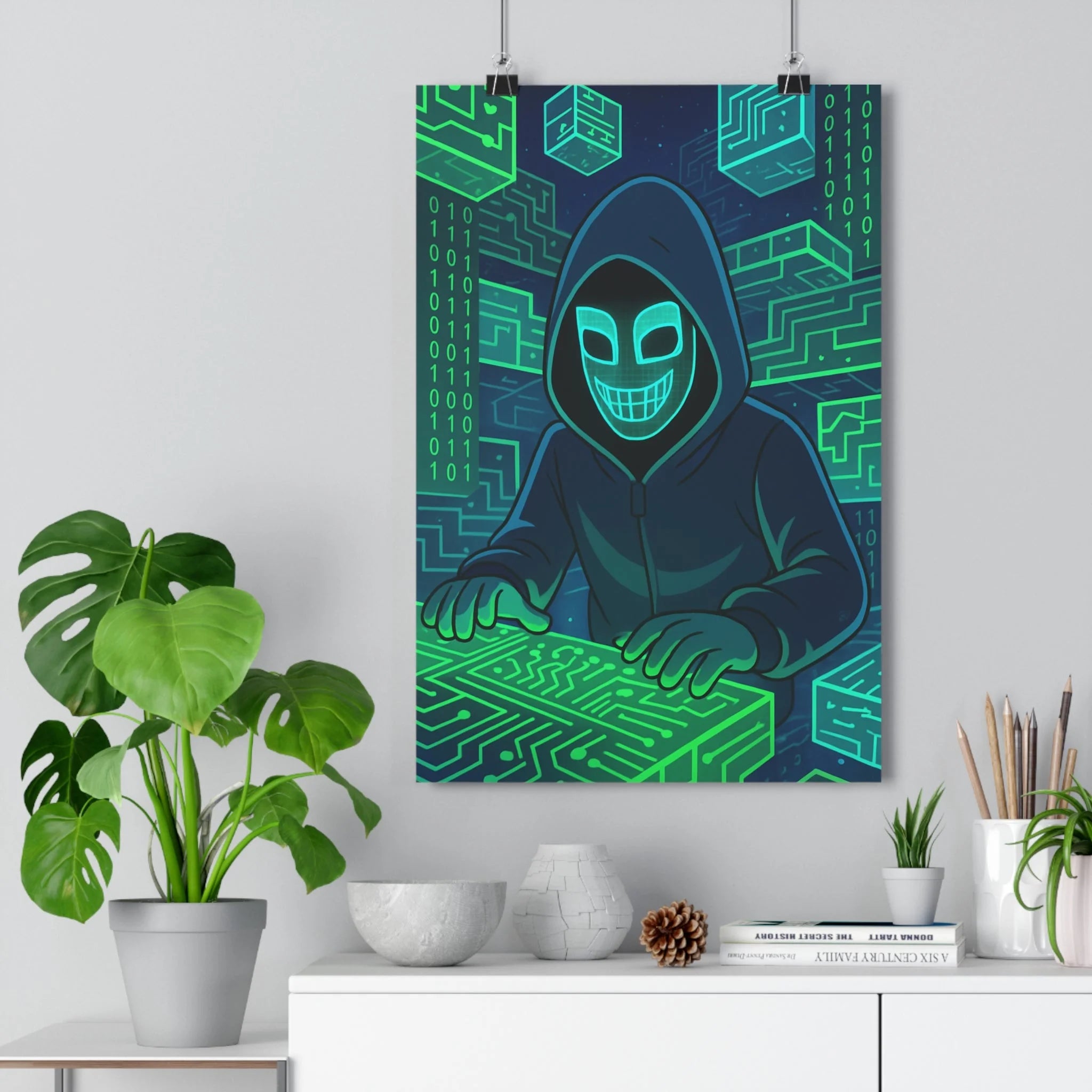 Poster décoratif cyberpunk vert bleu numérique mystique bureau chambre futuriste complexe lumineux mystérieux 30x46