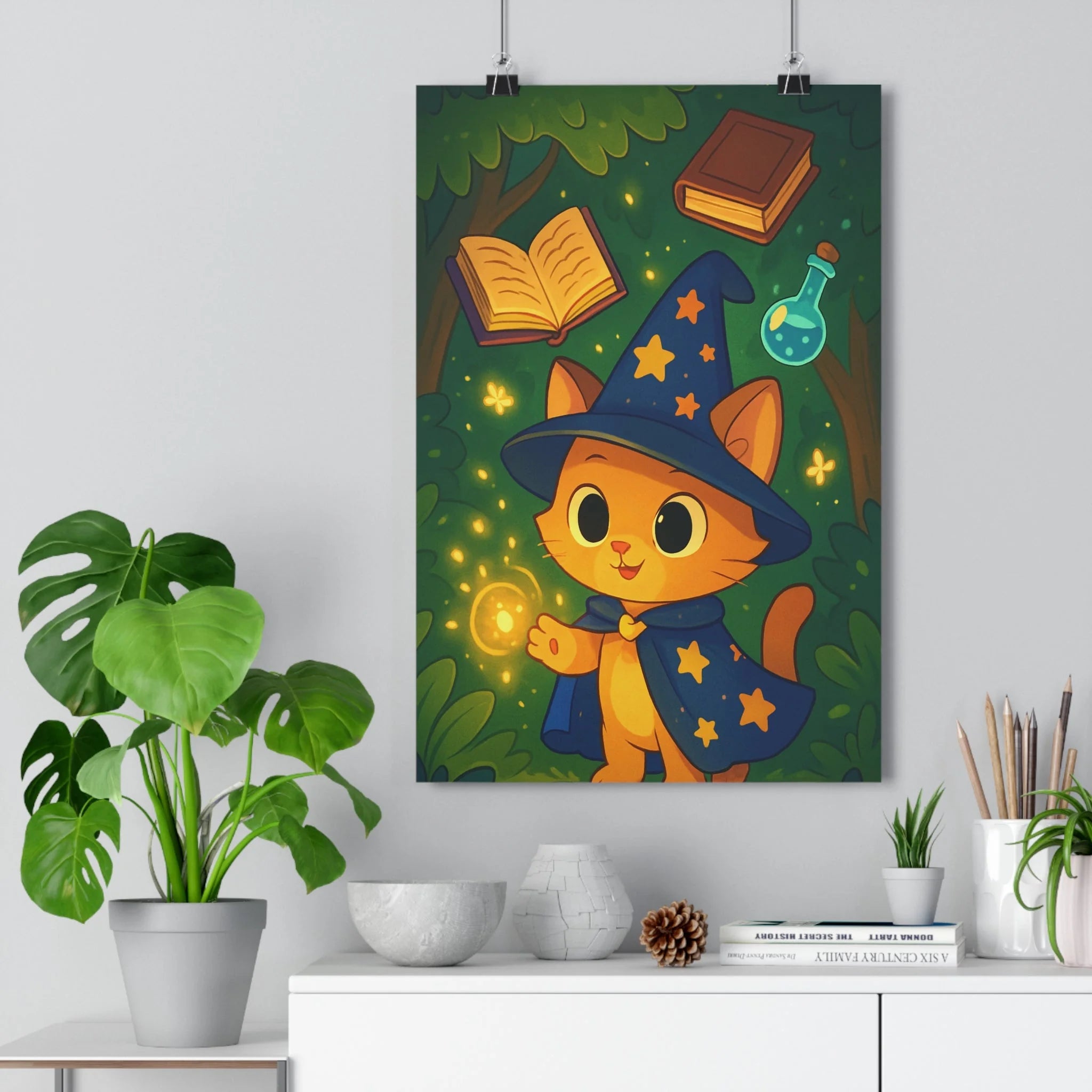 Poster décoratif féerique magique chaton sorcier bleu doré enfants chambre aventure unique qualité enchanté