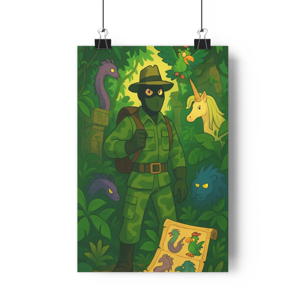Poster décoratif jungle mystique vert violet enfant créature fantastique aventure dessin animé captivant 30x46