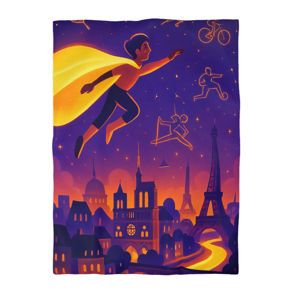 Housse de couette rêve parisien avec super-héros et constellations sportives lumineuses
