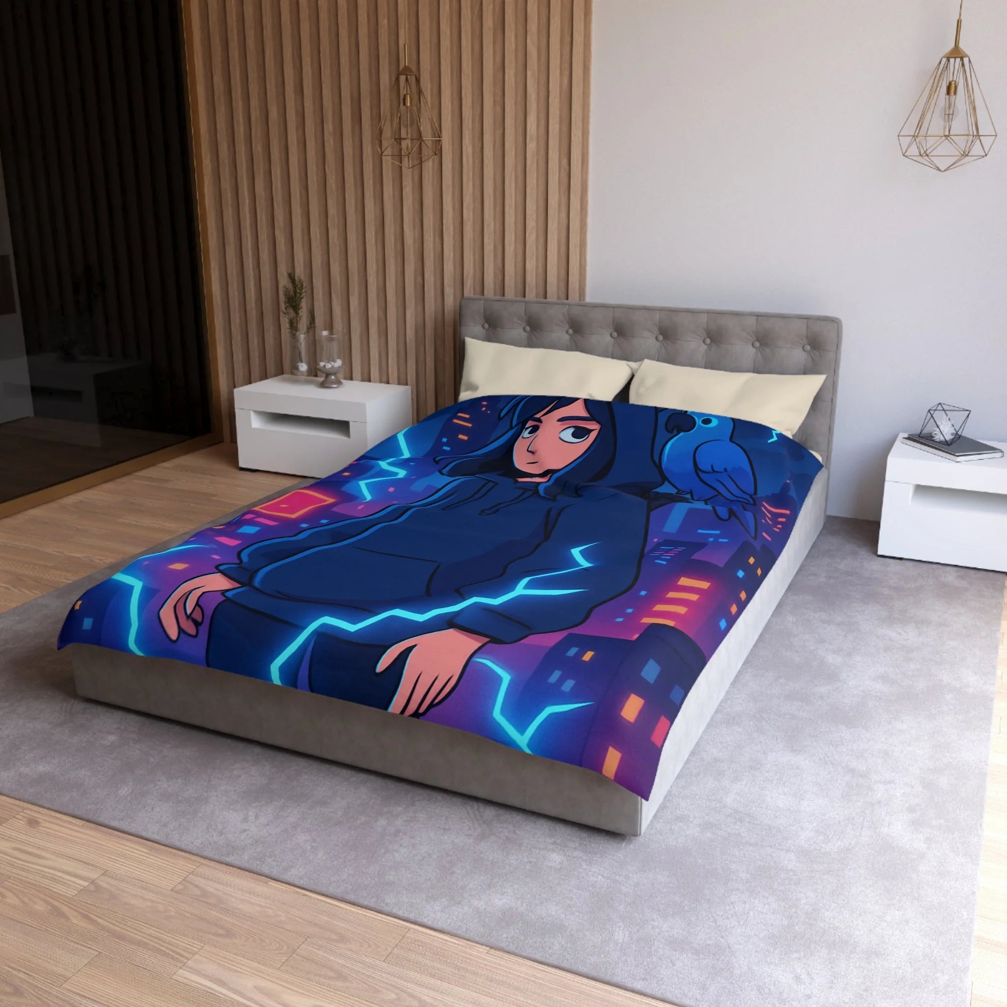 Tendance housse de couette bleu foncé avec motif urbain et perroquet électrique