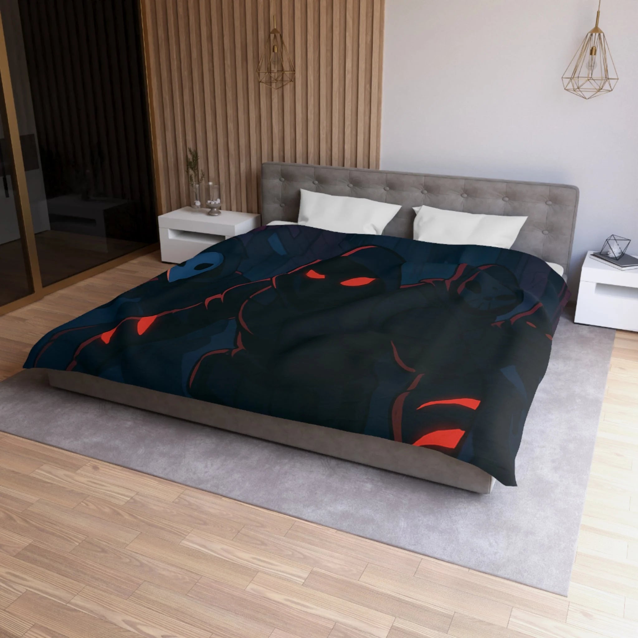 Housse de couette urbaine avec silhouettes mystérieuses et ambiance sombre néon