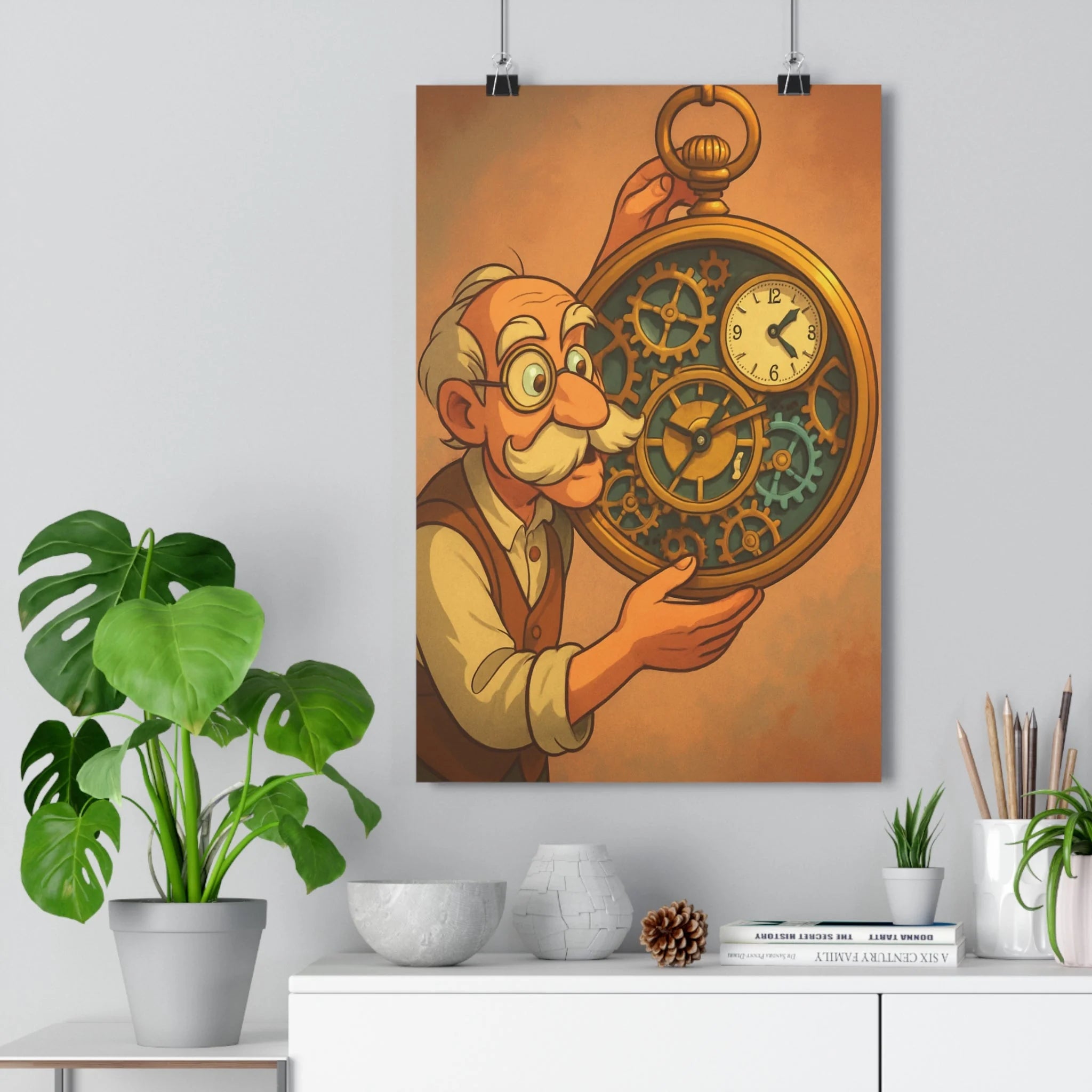 Poster décoratif vintage rétrocartoon doré bleu steampunk nostalgique salon bureau format 30x46 élégant qualité