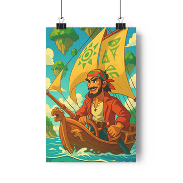 Poster marin personnage costume rouge nœud papillon barque bois voiles jaunes motifs géométriques sourire ambiance joyeuse aventure navigation maritime cartoon