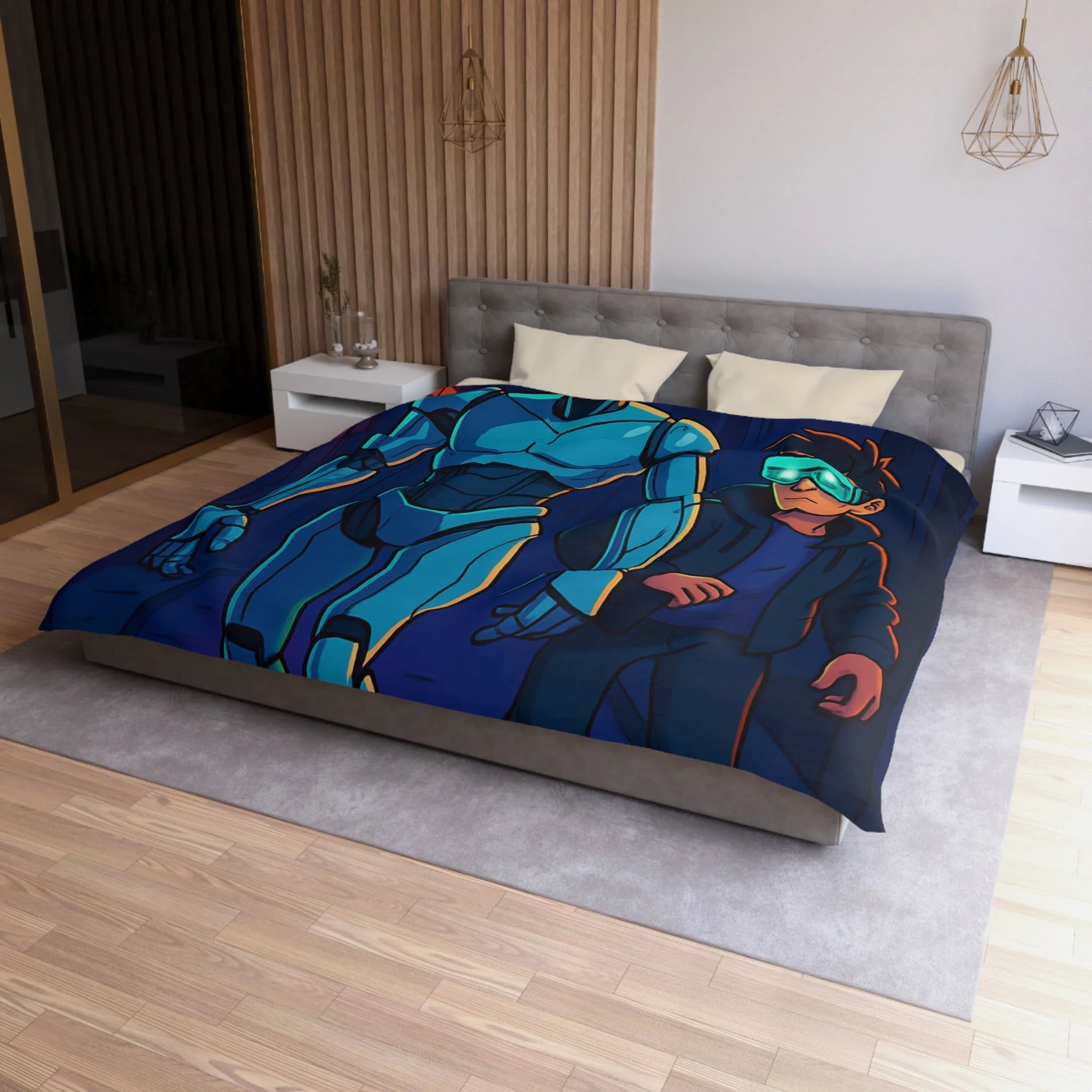 Housse de couette moderne avec illustration néon de robot et jeune avec lunettes lumineuses