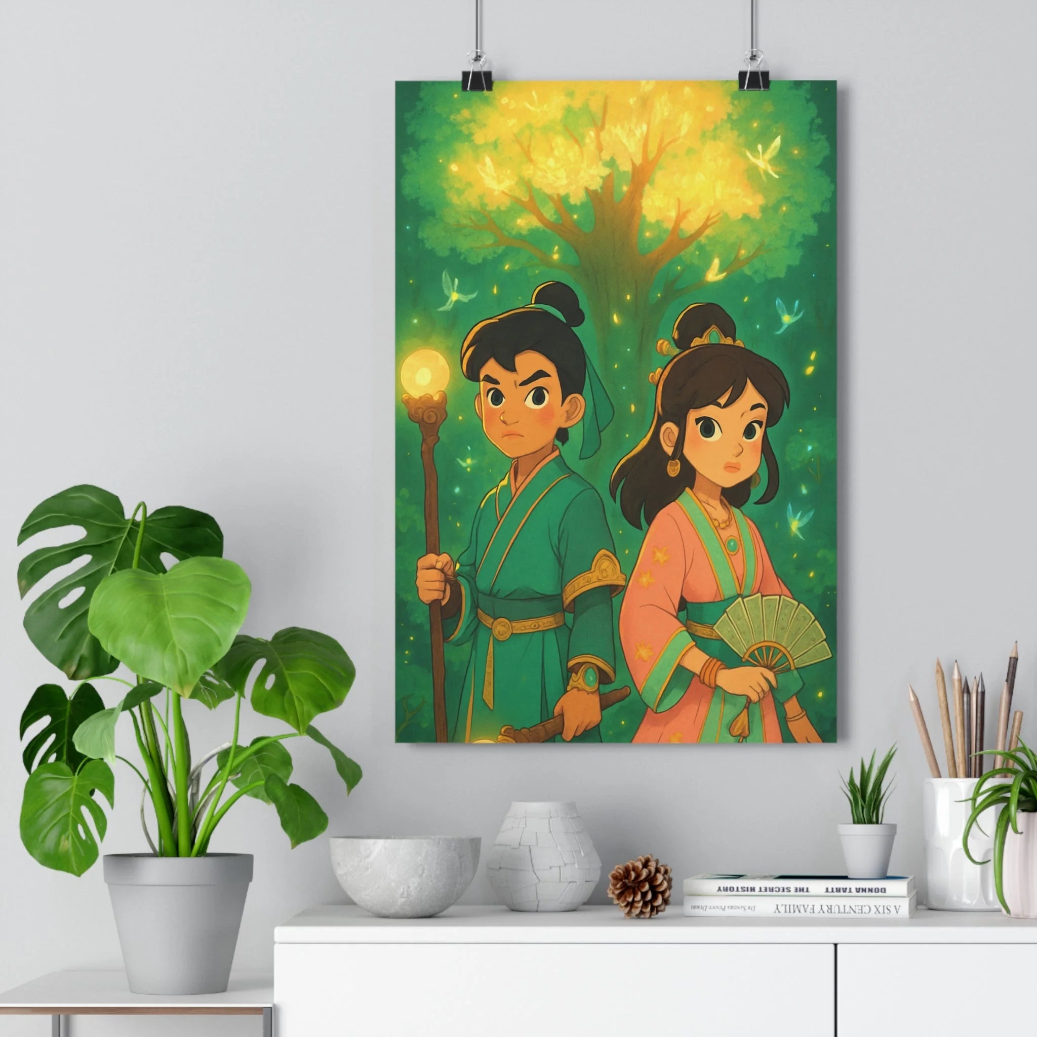 Poster décoratif fantasy anime lumineux magique vert doré salon bureau ambiance apaisante enfants qualité