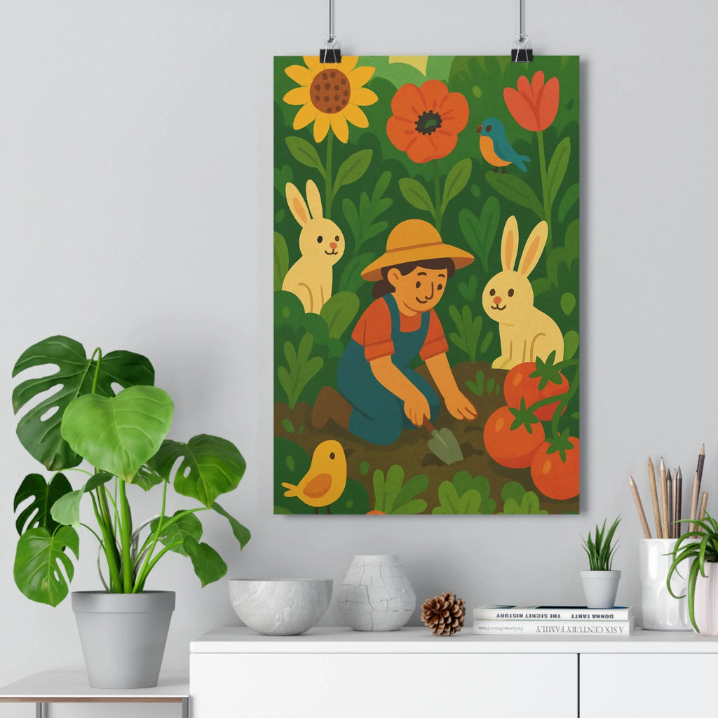 Poster décoratif jardin cartoon joyeux coloré enfant chambre bleu jaune nature botanique illustration qualité