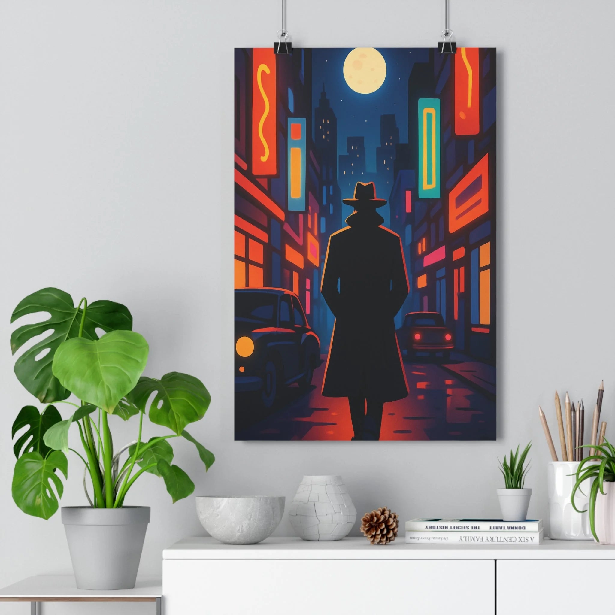 Poster décoratif silhouette urbaine néon bleu rouge orange cartoon chambre salon mystérieux 30x46 cm