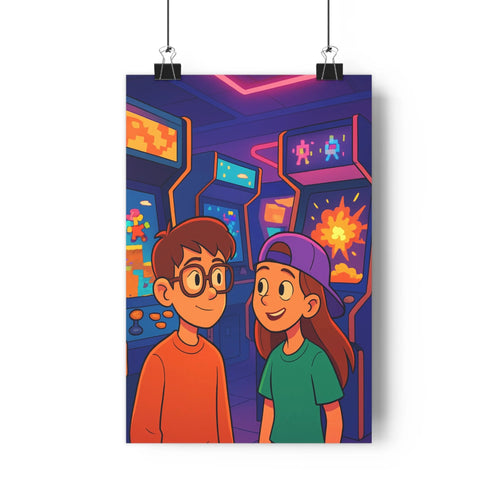 Poster cartoon rétro jeux vidéo enfants arcades néons joyeux festive bleu nuit orange violet pulls casquette écrans machines chambre salon
