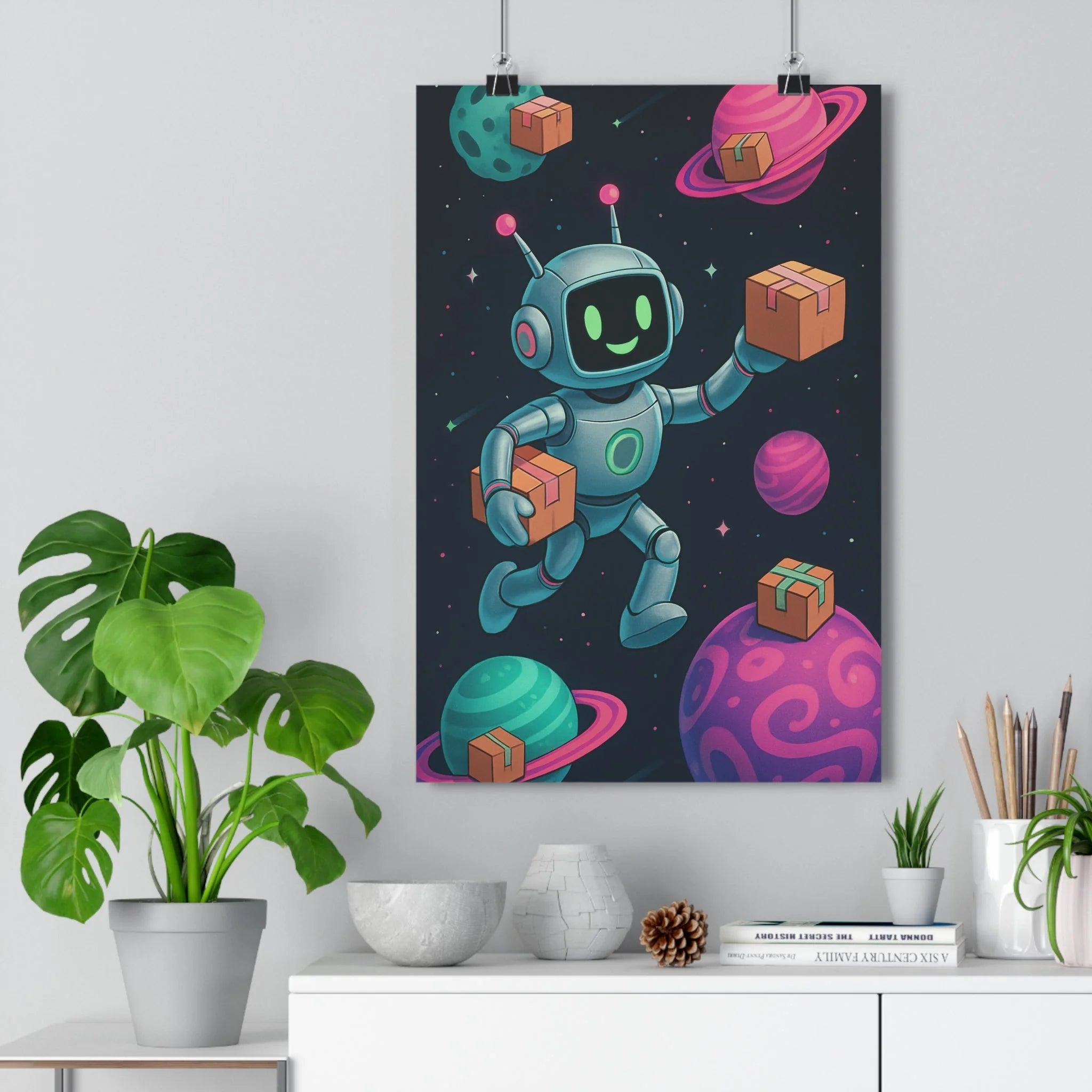 Poster décoratif futuriste robot rose vert cartoon chambre enfant bureau ludique créatif 30x46 cm