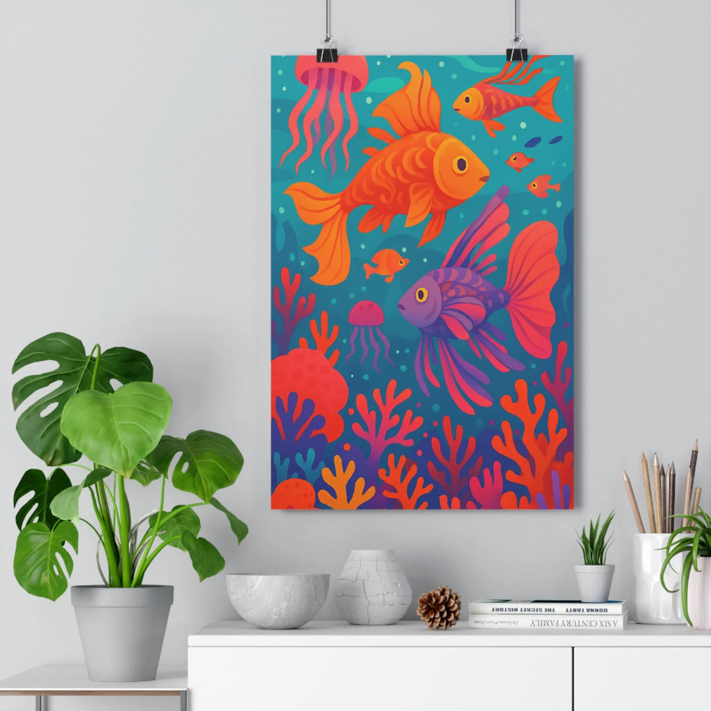 Poster décoratif océan couleurs cartoon bleu orange rose chambre salon joyeux marin vibrant 30x46