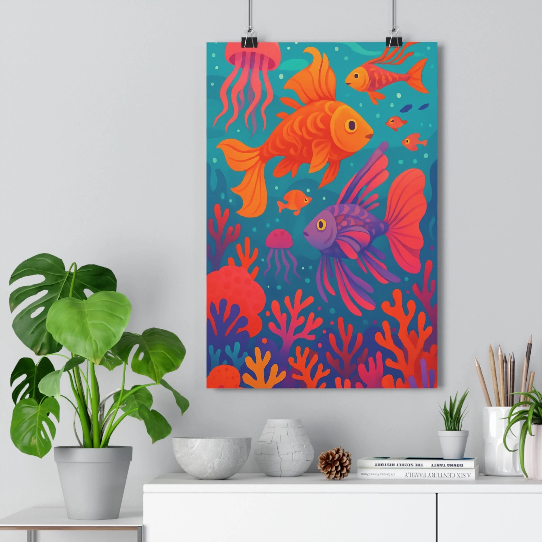 Poster décoratif océan couleurs cartoon bleu orange rose chambre salon joyeux marin vibrant 30x46