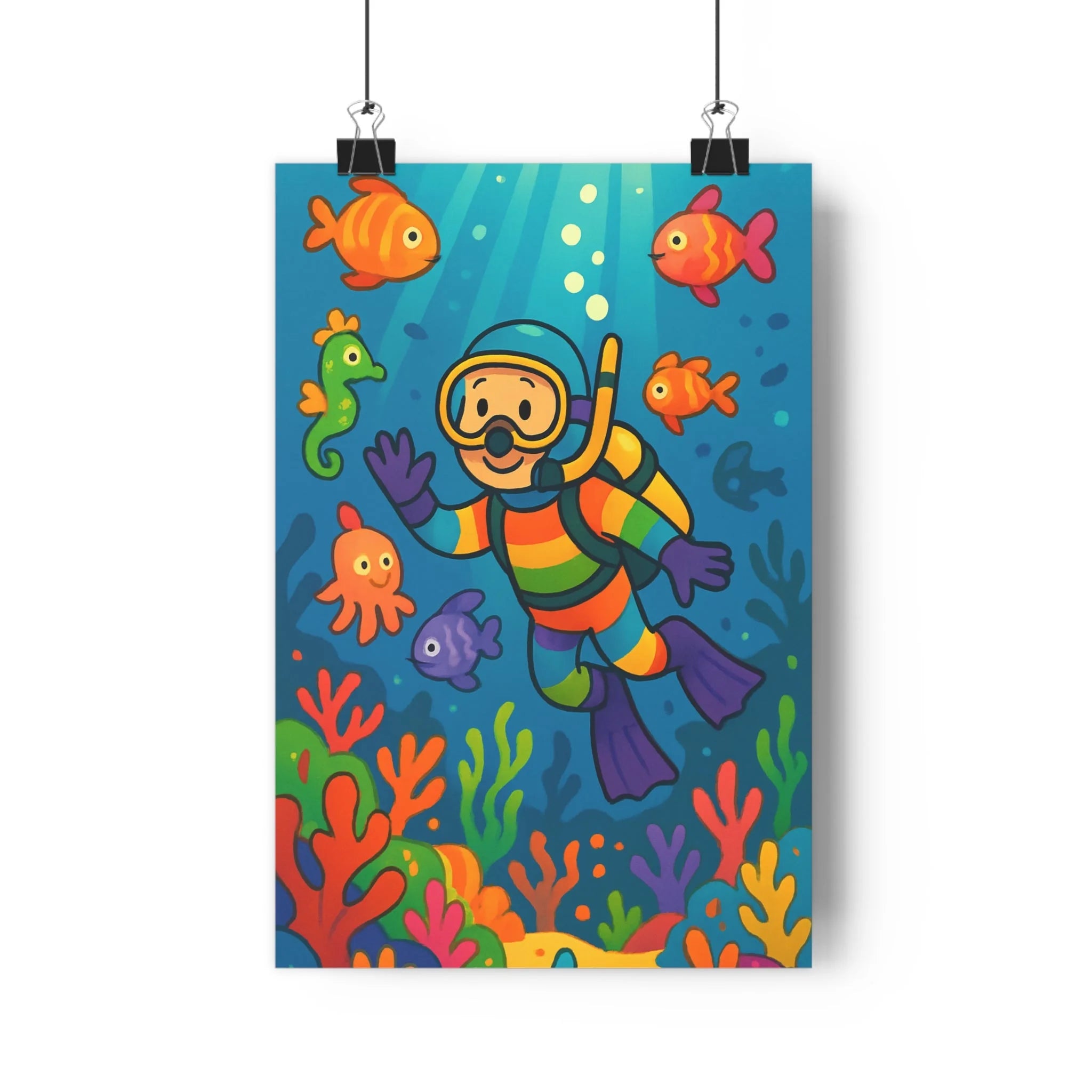 Poster décoratif animé sousmarin bleu coloré joyeux enfant chambre aventure corail vibrant 30x46 cm