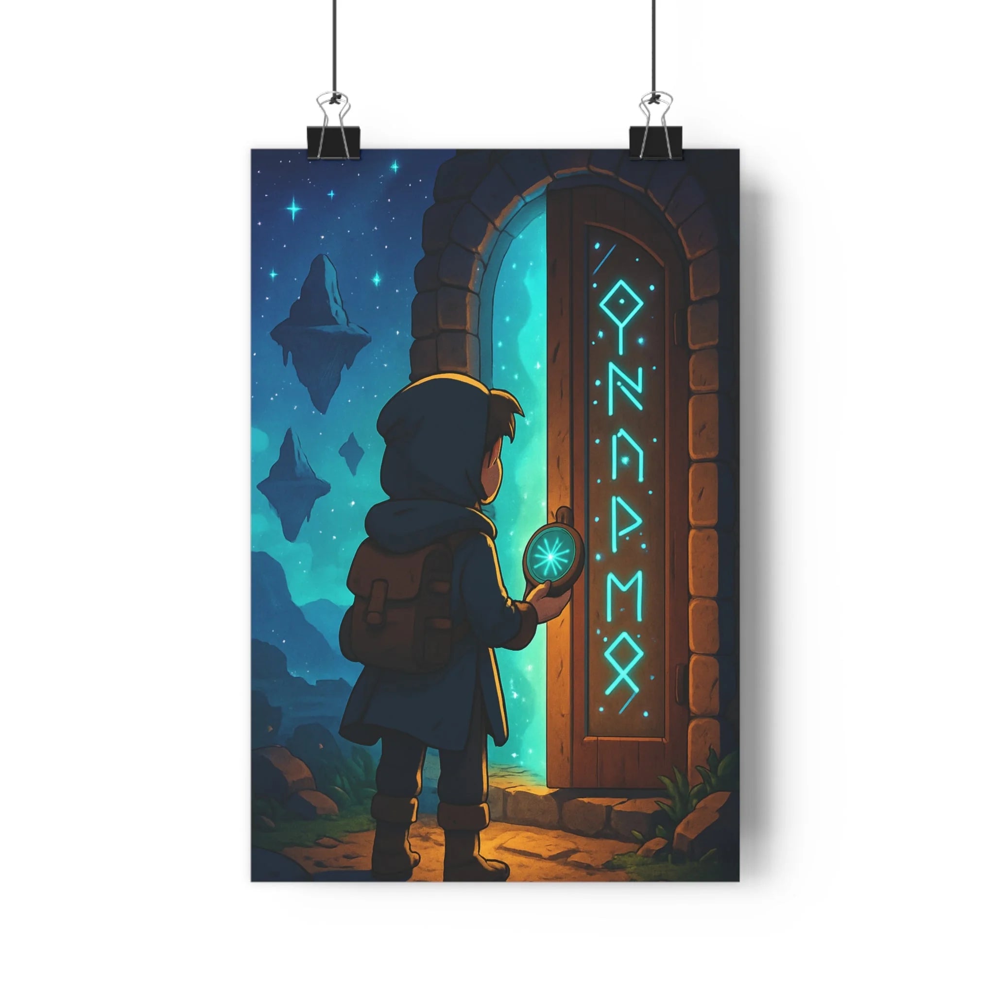 Poster décoratif aventurier bleu vert émeraude mystique cartoon enchanté chambre salon enfant boussole îles