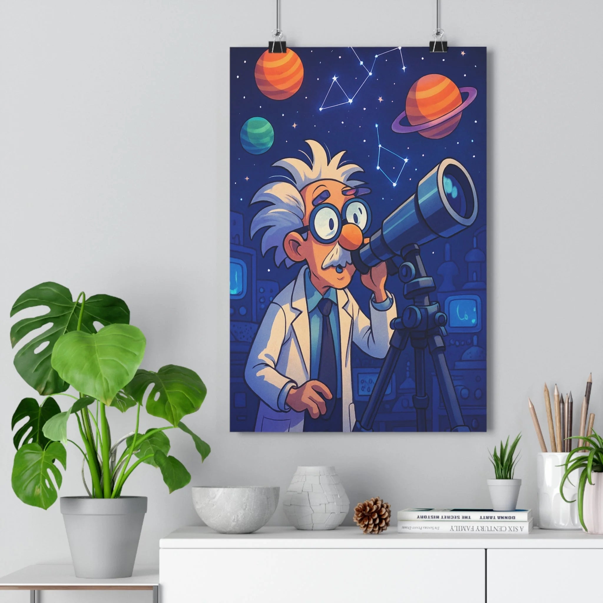 Poster décoratif cartoon scientifique céleste bleu orange vert salon chambre aventure constellations futuriste cosmique