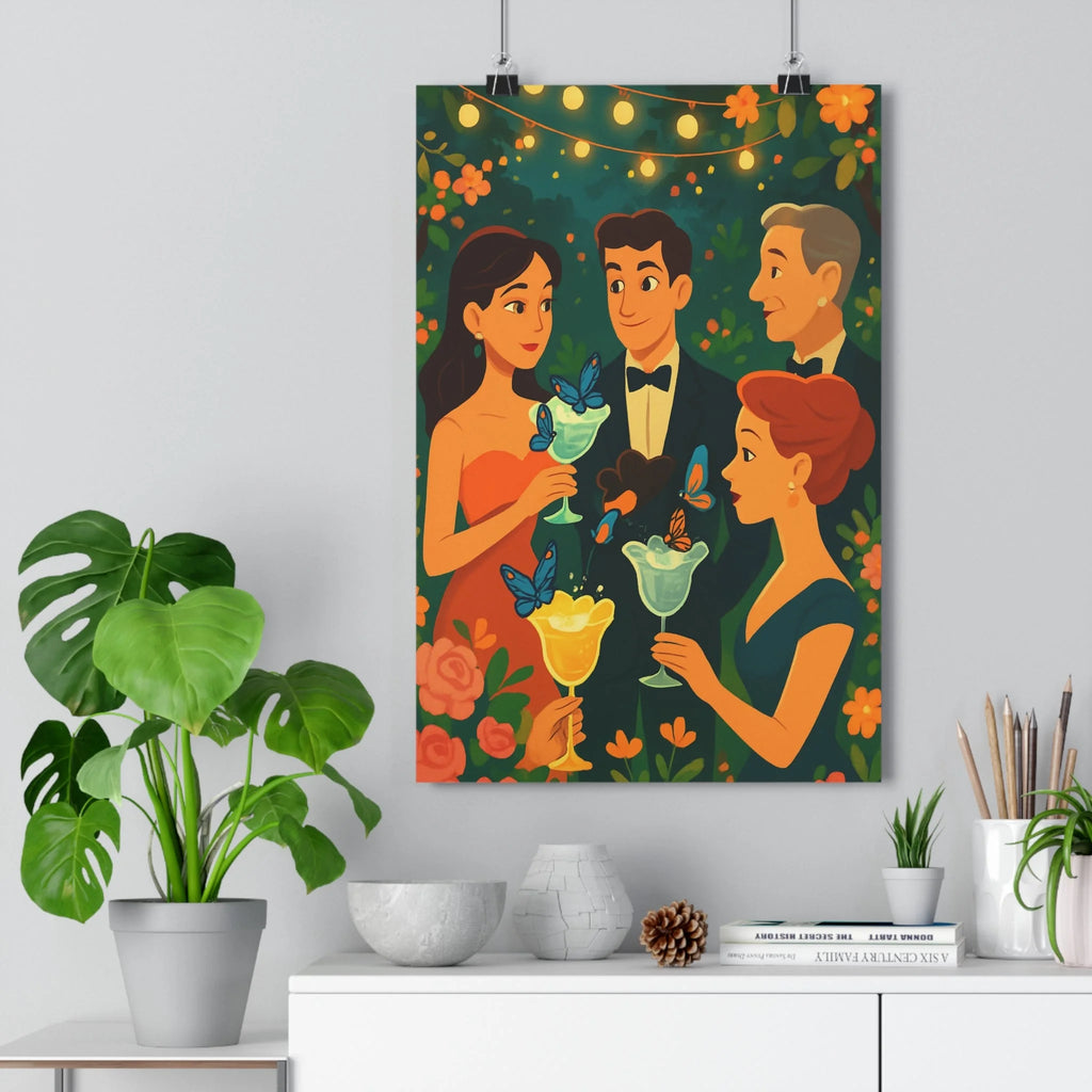 Poster personnages élégants costumes formels cadre floral guirlandes lumineuses ambiance festive coloré détaillé touches nature magie verte orangée rouge salon