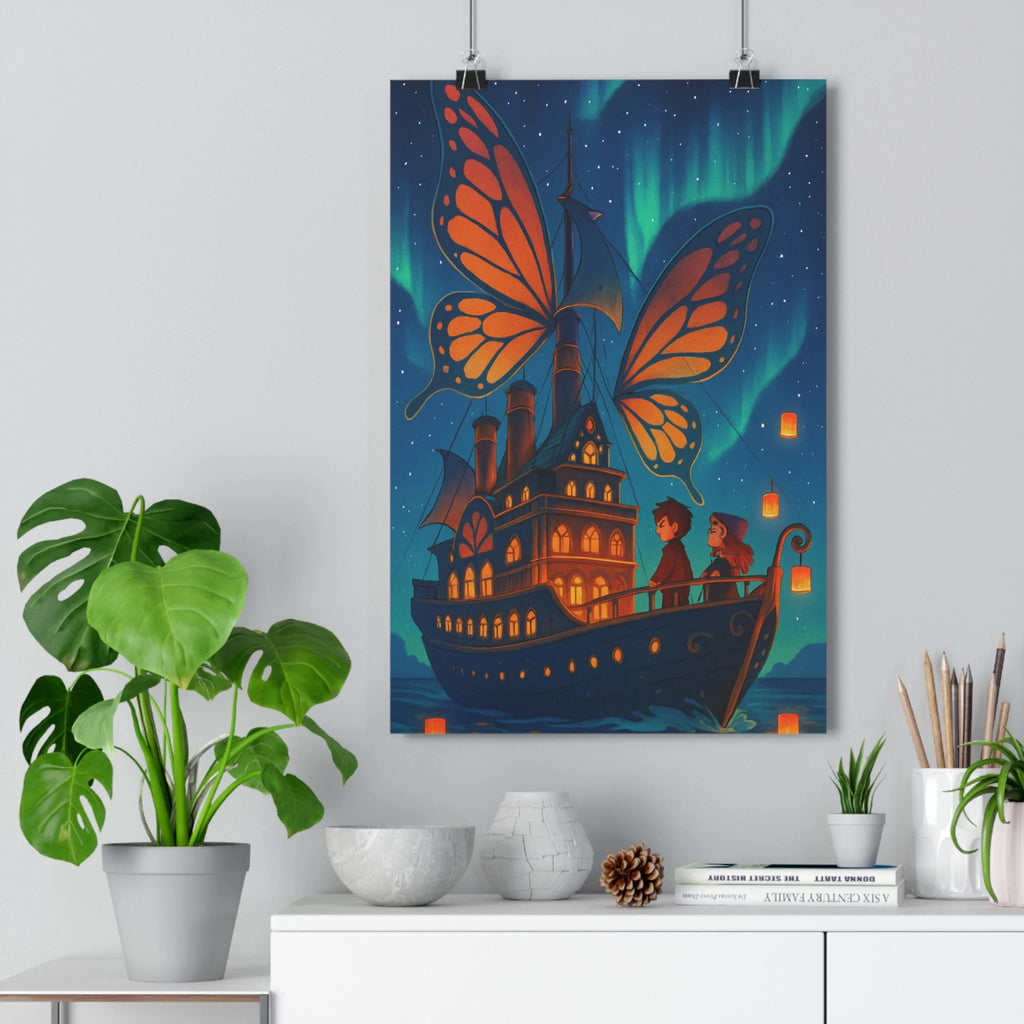 Poster décoratif navire fantastique ciel étoilé aurores boréales bleu vert magique aventure chambre qualité