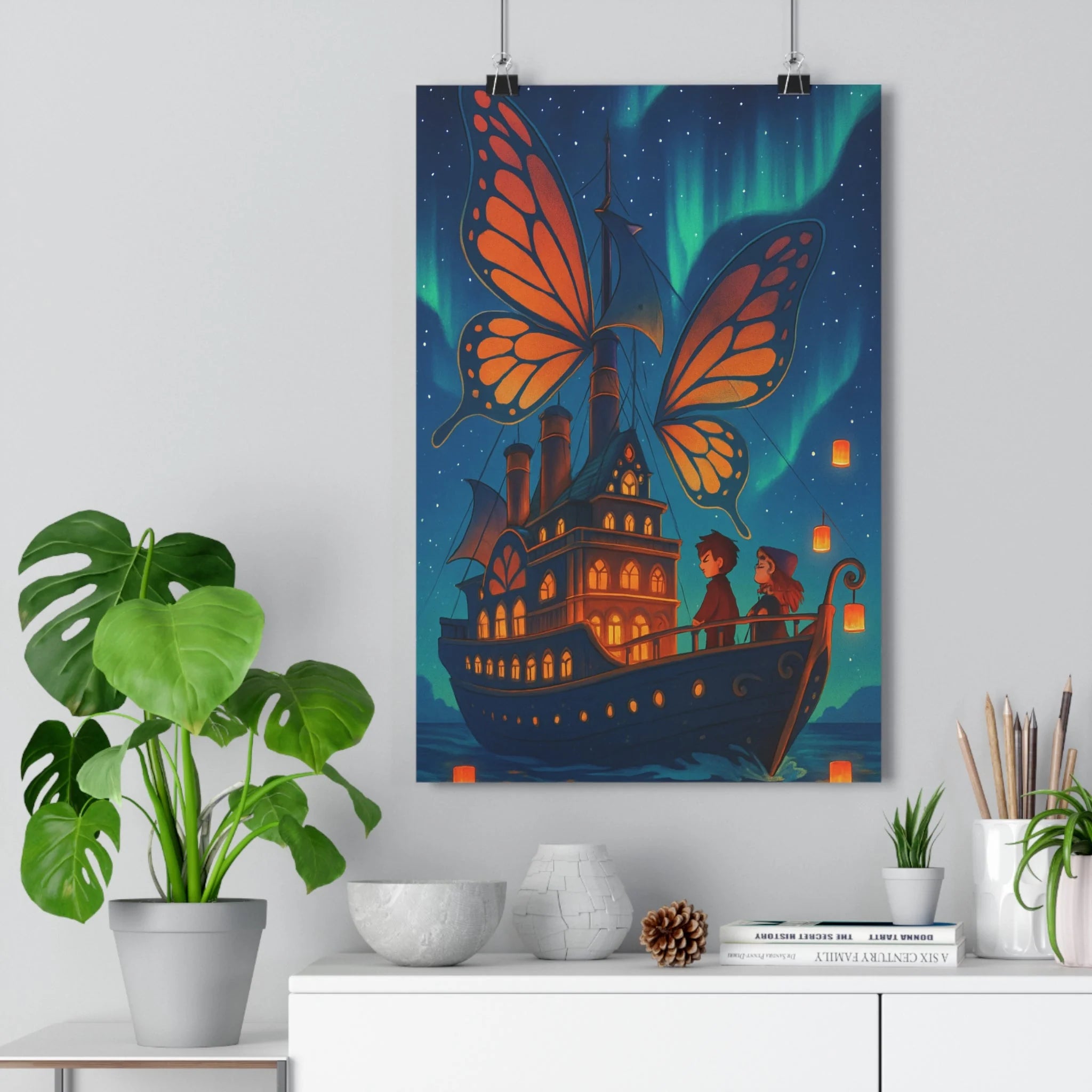 Poster décoratif navire fantastique ciel étoilé aurores boréales bleu vert magique aventure chambre qualité